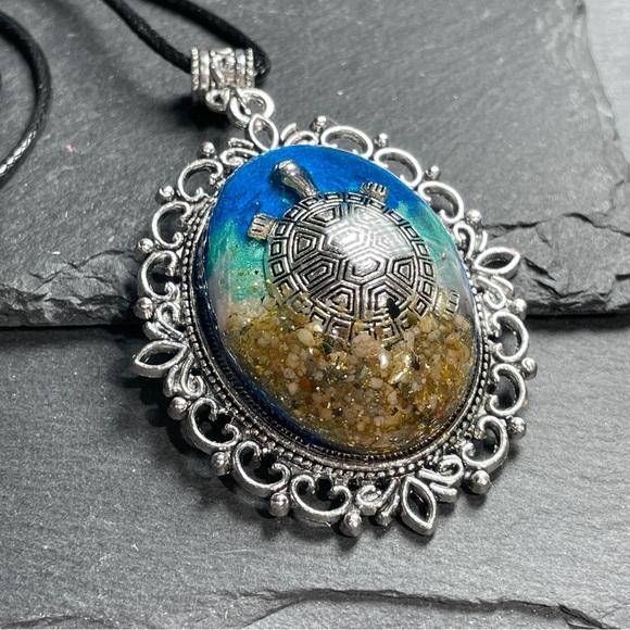 SoCal Sand Custom Made Turtle Pendant With Blue Green And Gold Accents - Picture 7 of 11